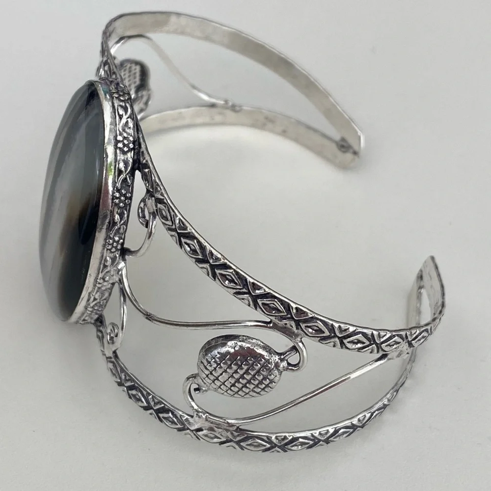 Handmade XL Chunky Smoky Quartz 925 Sterling Silver Cuff Bracelet